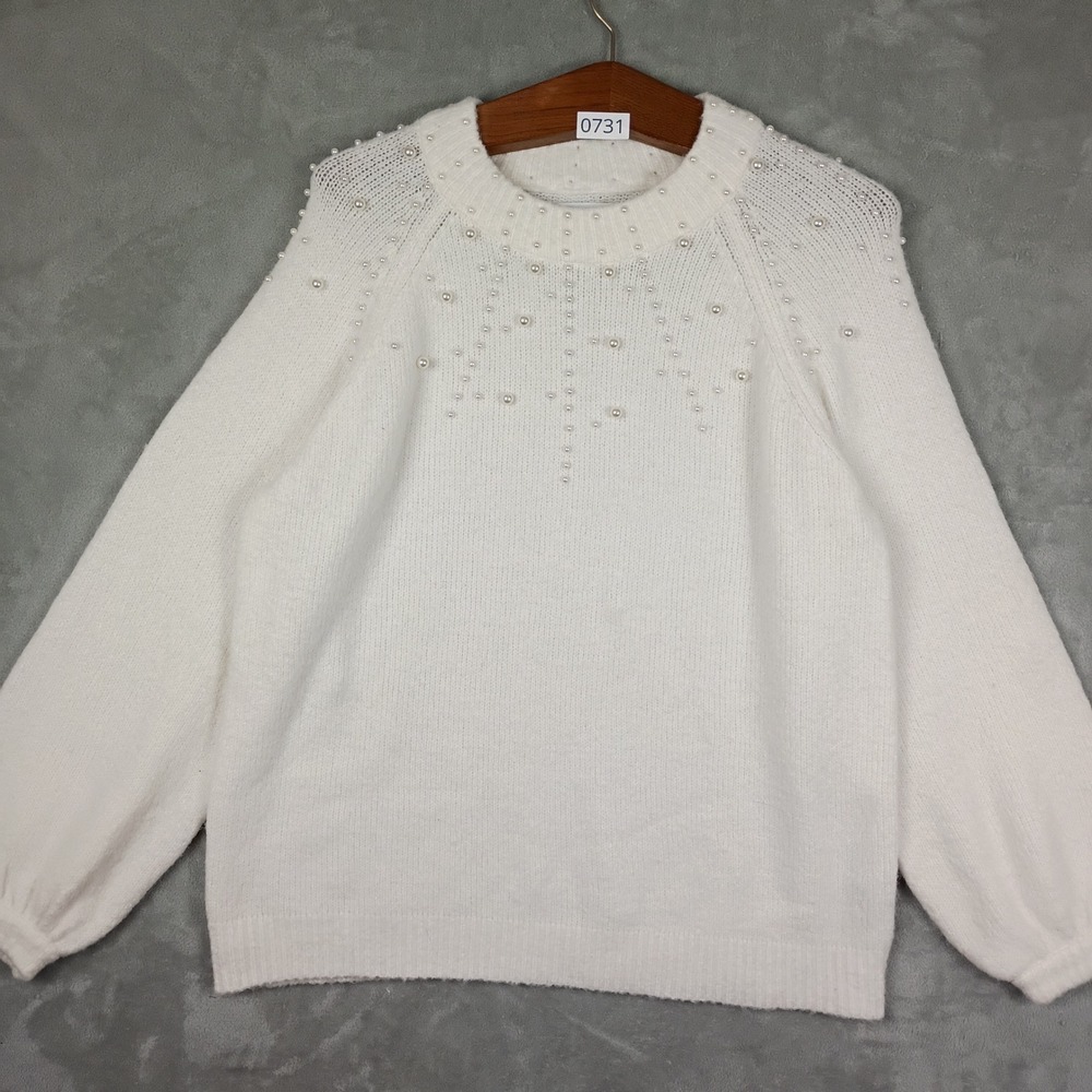 Calvin Klein Pearl Embellished Sweater Womens S Soft White Sleeve Coquette